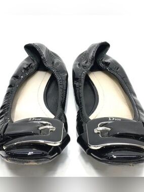 Dior Black Patent Leather Ballet Flats with Silver Buckle Detail